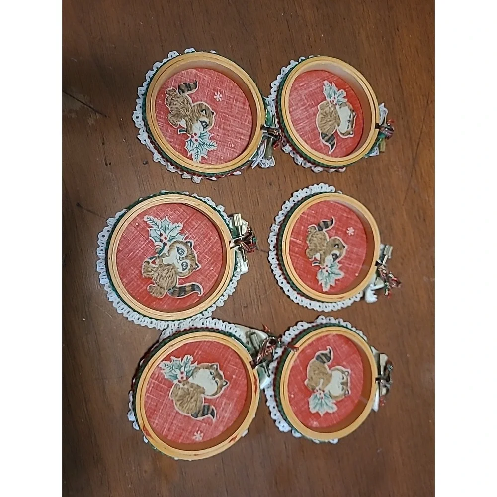 6‎ Handmade Raccoon Christmas Ornaments In Wooden Embroidery Hoops Lace Red